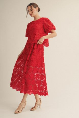 Scallop Hem Elastic Waist Midi Skirt