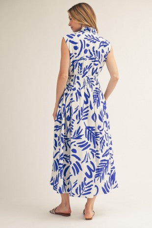 Ruffle Neckline Leaf Print Midi Dress w/ Pockets