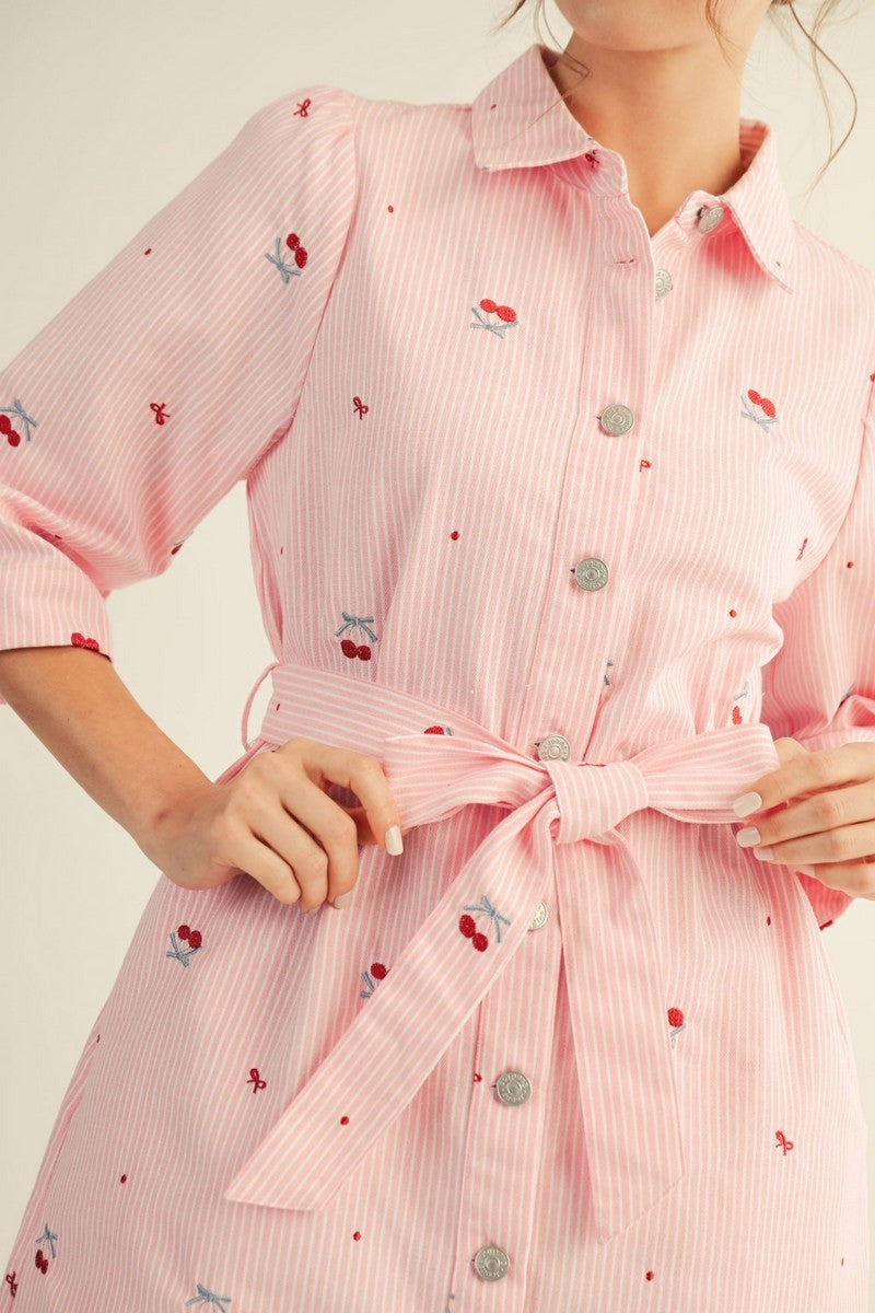 Embroidered Button Front Denim Dress w/ Tie Belt