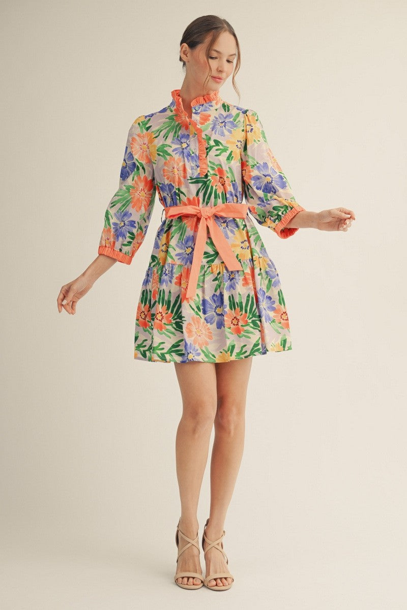 Waist Tie Floral Tiered Dress