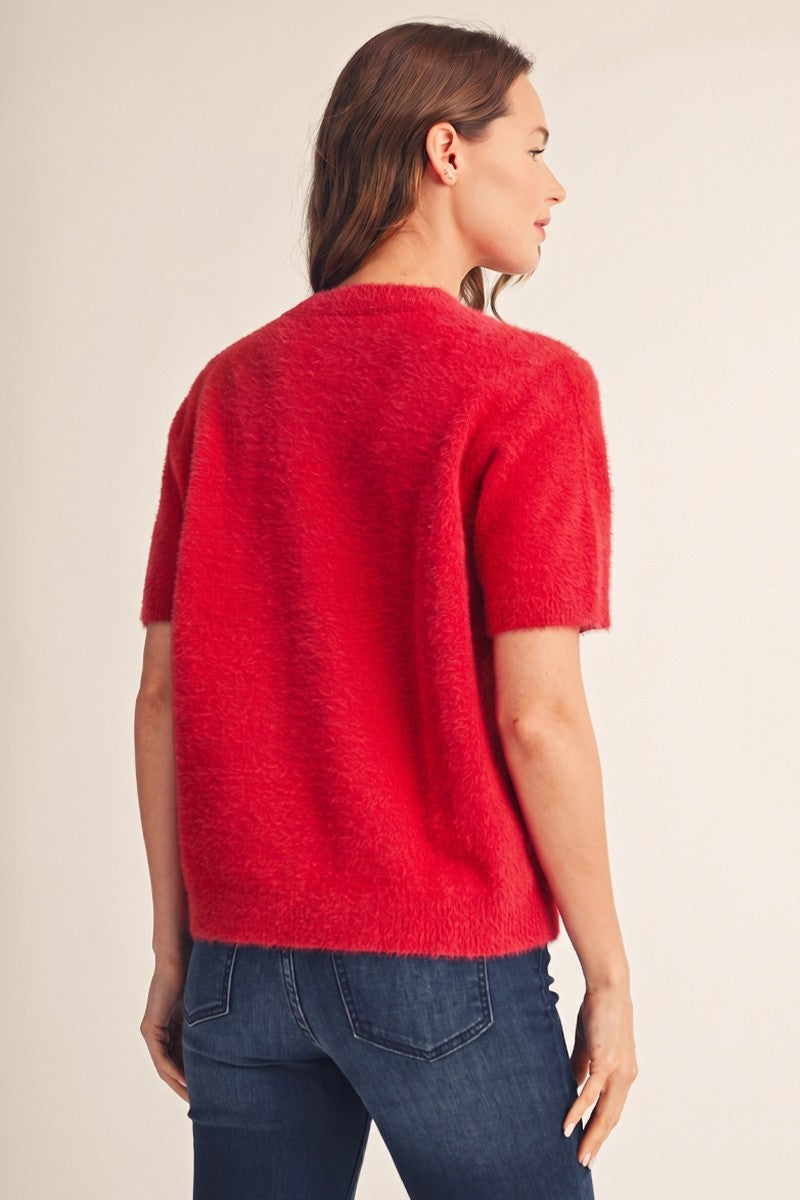Short Sleeve V-Neck Fuzzy Cardigan (Red)