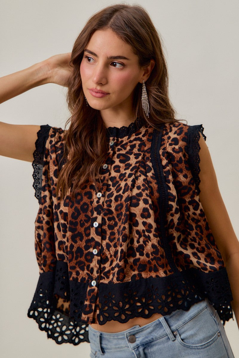 Floral Eyelet Trim Sleeveless Leopard Print Blouse