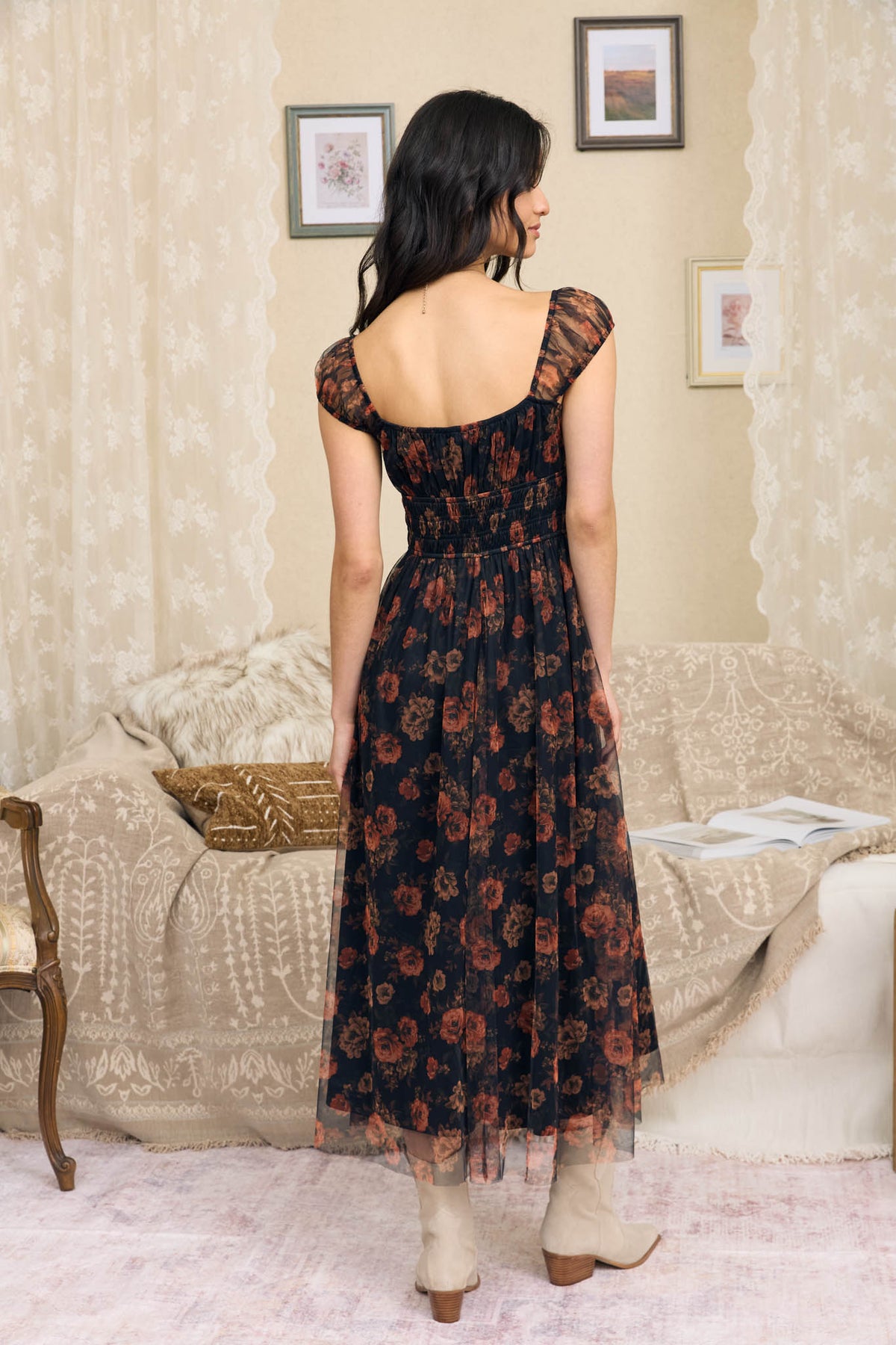 Floral Organza Shirred Waist Front Tie Midi Dress