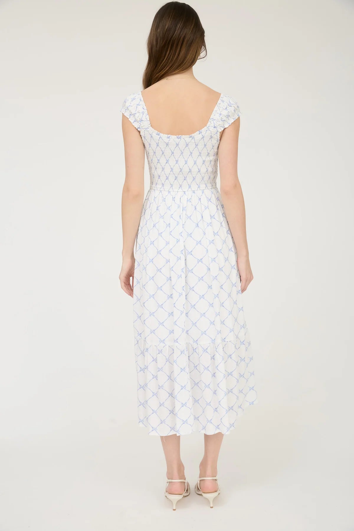 Bow Pattern Ruched Sleeve Smocked Midi Dress (Plus Size - Blue)
