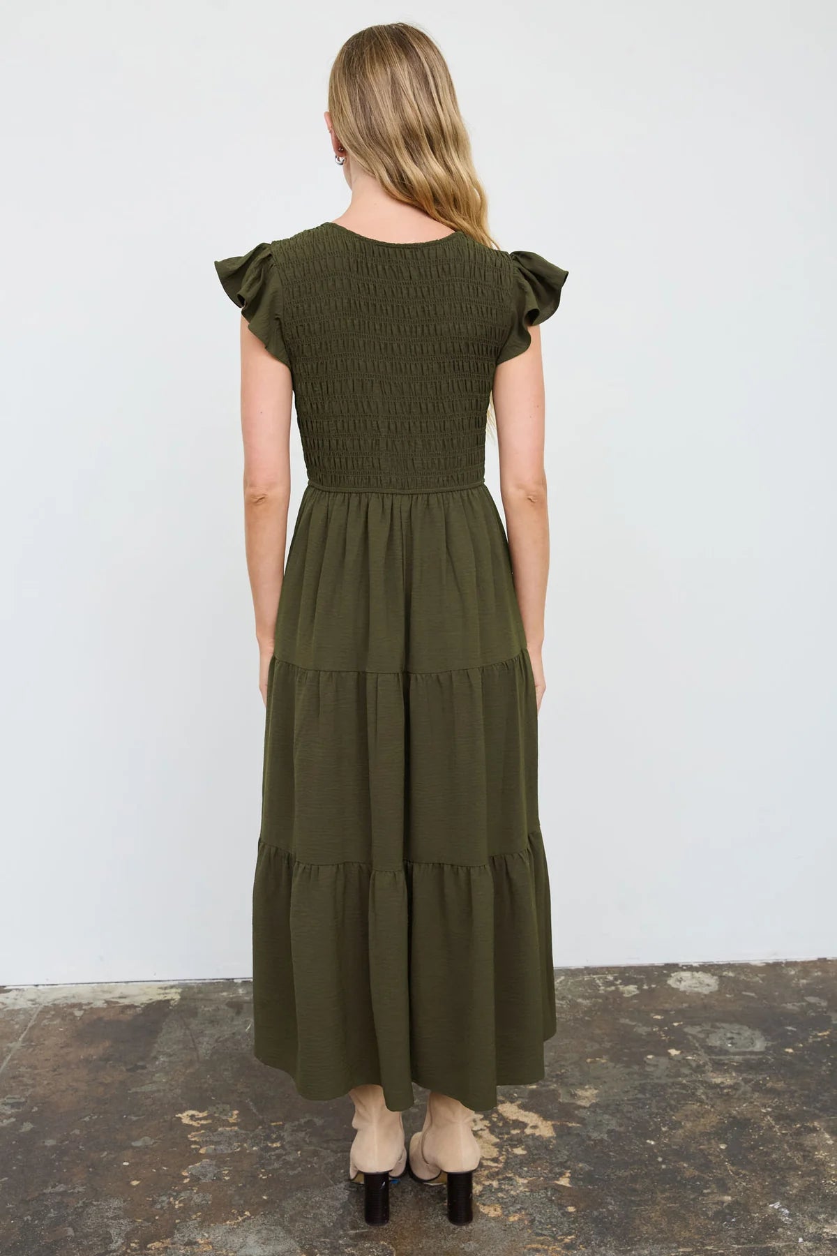 Flutter Sleeve V-Neck Smocked Midi Dress (Olive)
