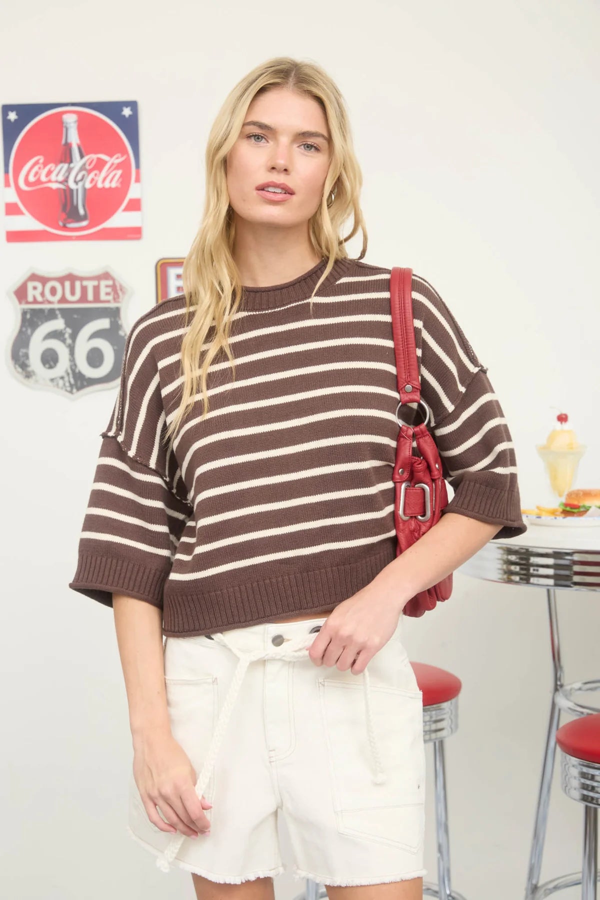 Raw Edge Drop Shoulder Short Sleeve Sweater (Brown)