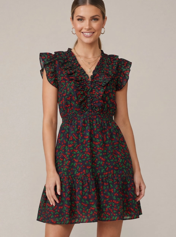 navy blue dress with red accessories Ruffle Sleeve Cherry Print Dress w/ Pockets – In Pursuit Mobile Boutique ||  Apparel, Accessories & Gifts Saint John, New Brunswick