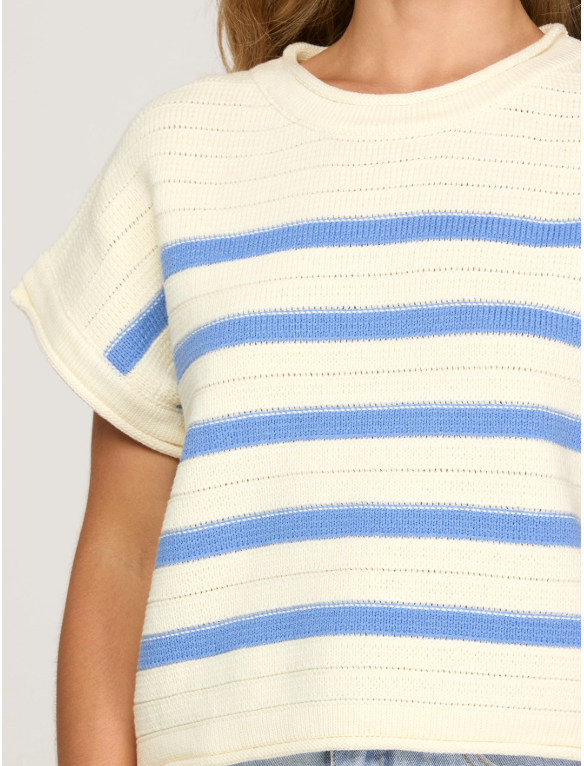Blue Stripe Short Sleeve Knit Sweater