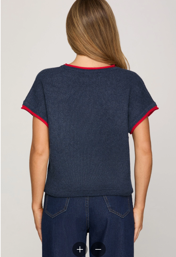 Crab Print Short Sleeve Knit Sweater