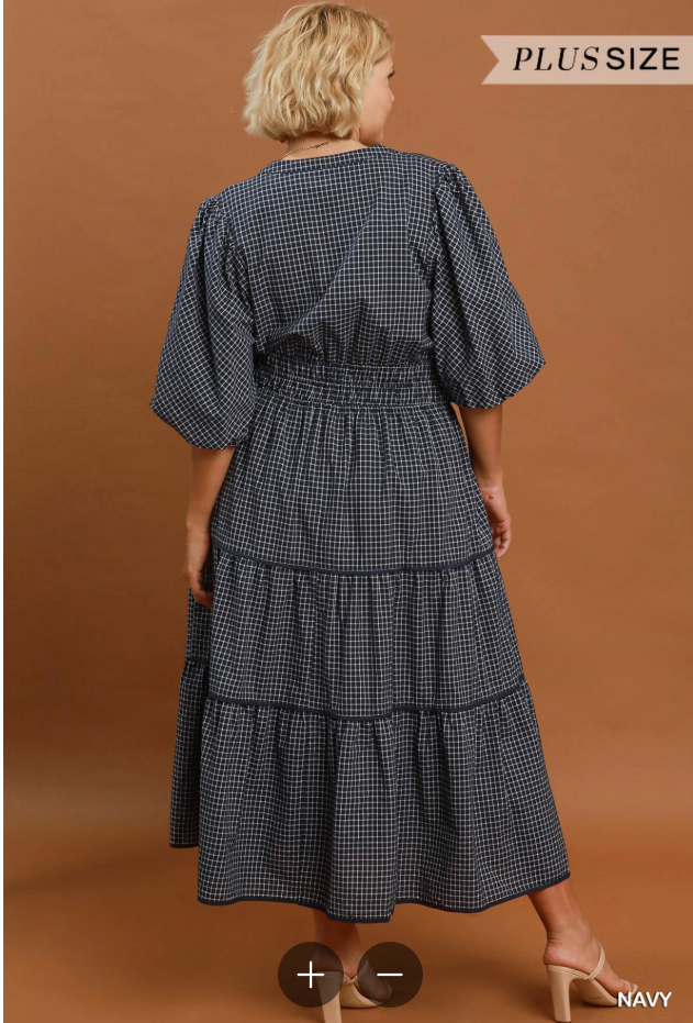 Plaid Puff Sleeve Midi Dress (XL - 2X)
