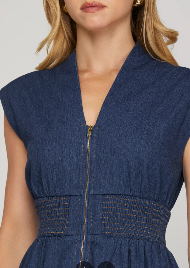 Zipper Front Smocked Waist Denim Midi Dress