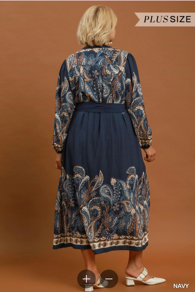 Abstract Print Tie Waist Midi Dress (XL - 2X)