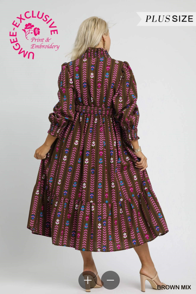 Ruffle Collar Boho Stripe Midi Dress (XL - 2X)