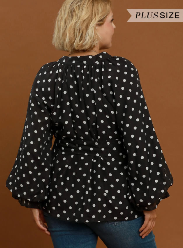 Ruffle Cuff Polka Dot Split Neck Blouse (XL - 2X)