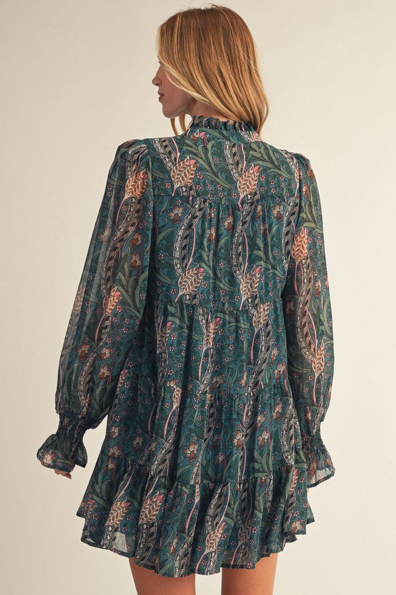 Puff Sleeve Fall Floral Chiffon Dress