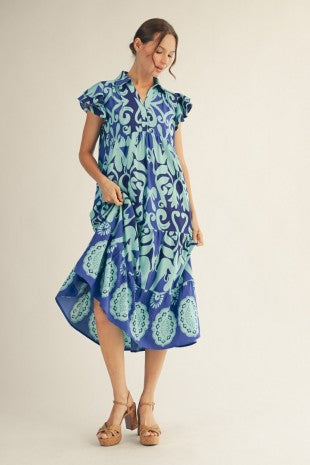 Bold Print Tiered Midi Dress w/ Pockets