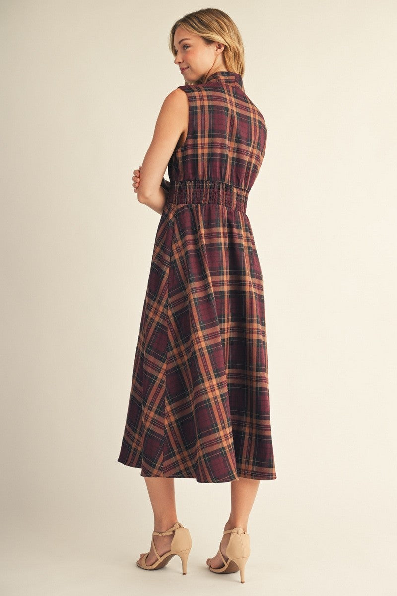 Front Zip Plaid Midi Dress