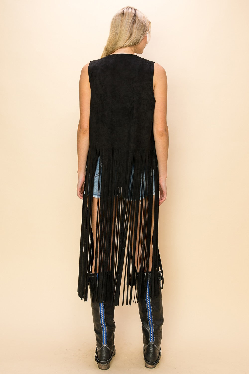 Long Fringe Sleeveless Suede Vest (Black)