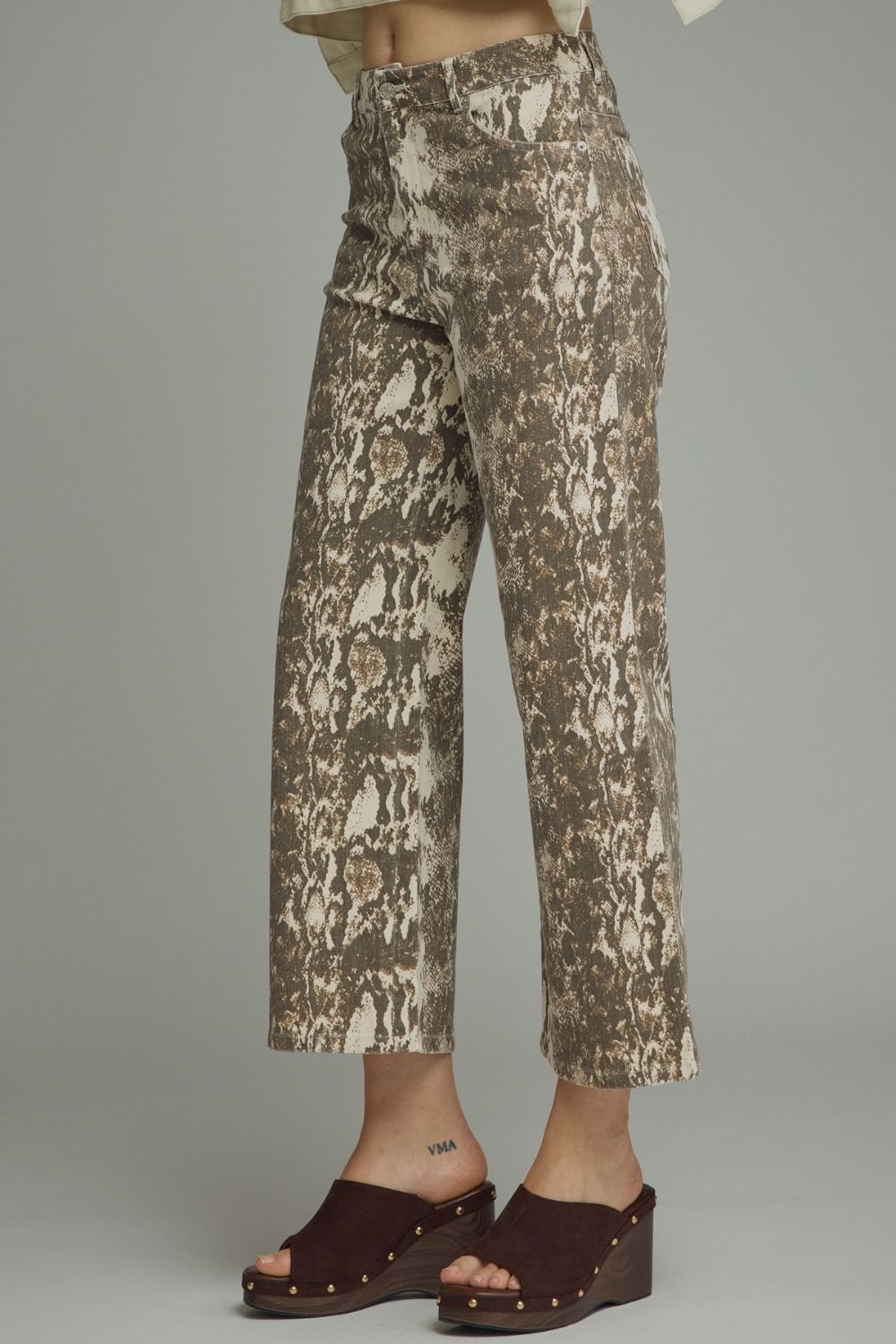 Snake Print Wide Leg Denim Pants