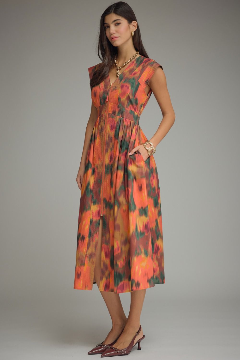 Smocked Waist Zipper Front Fall Midi Dress
