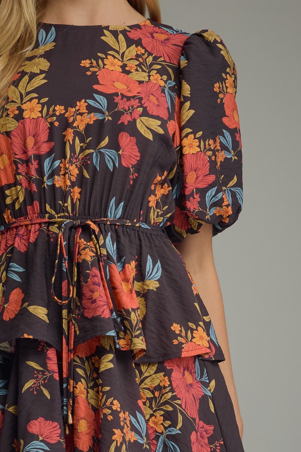 Floral Print Puff Sleeve Tiered Midi Dress