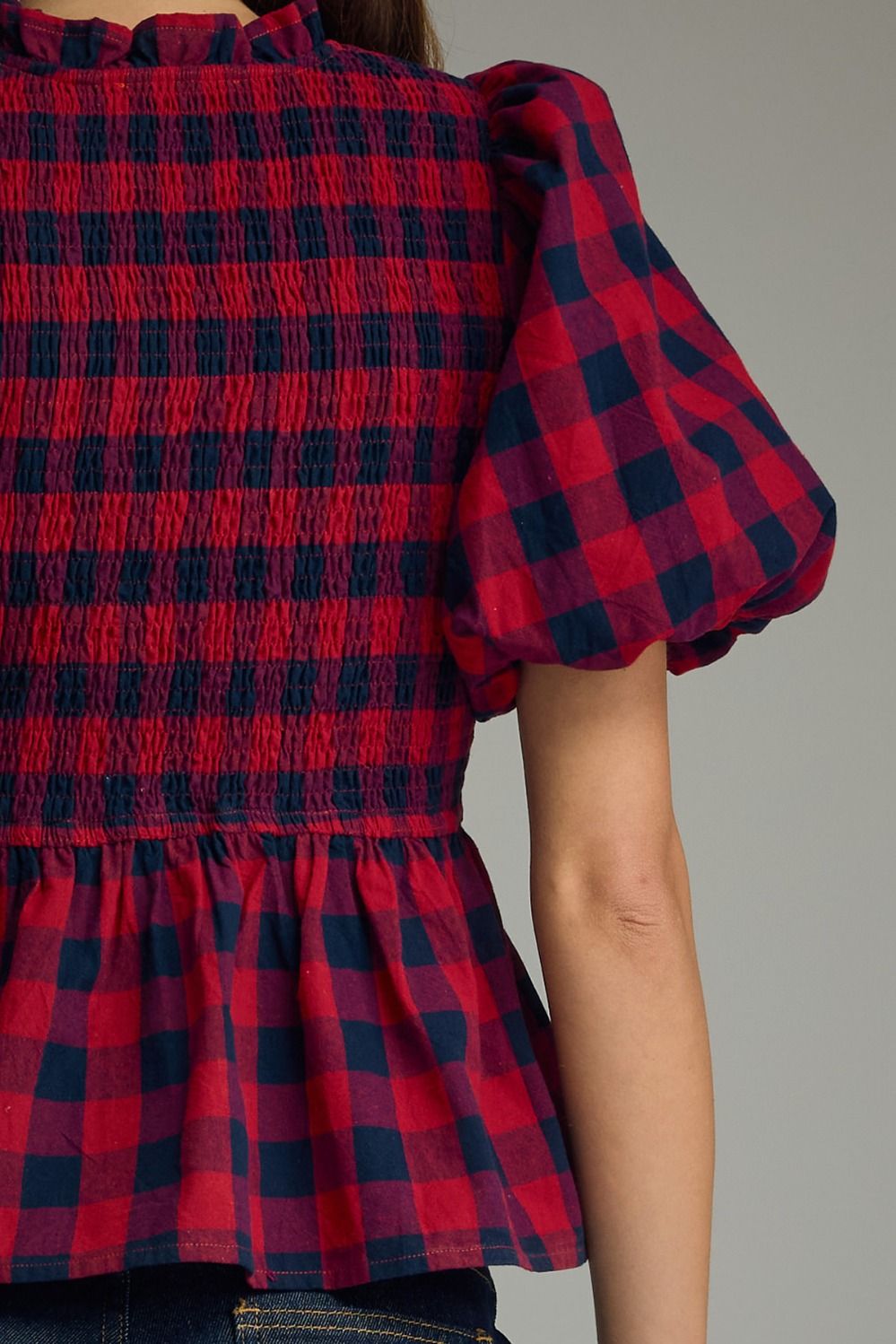 Red & Navy Plaid Smocked Peplum Top