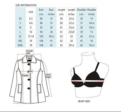 Size chart for clothing with measurements in inches and centimeters, featuring a jacket and bra illustration.