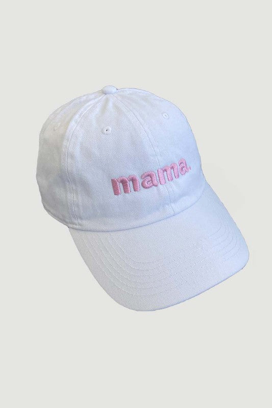 "mama" Block Letter Embroidery Baseball Hat (White + Light Pink Thread)