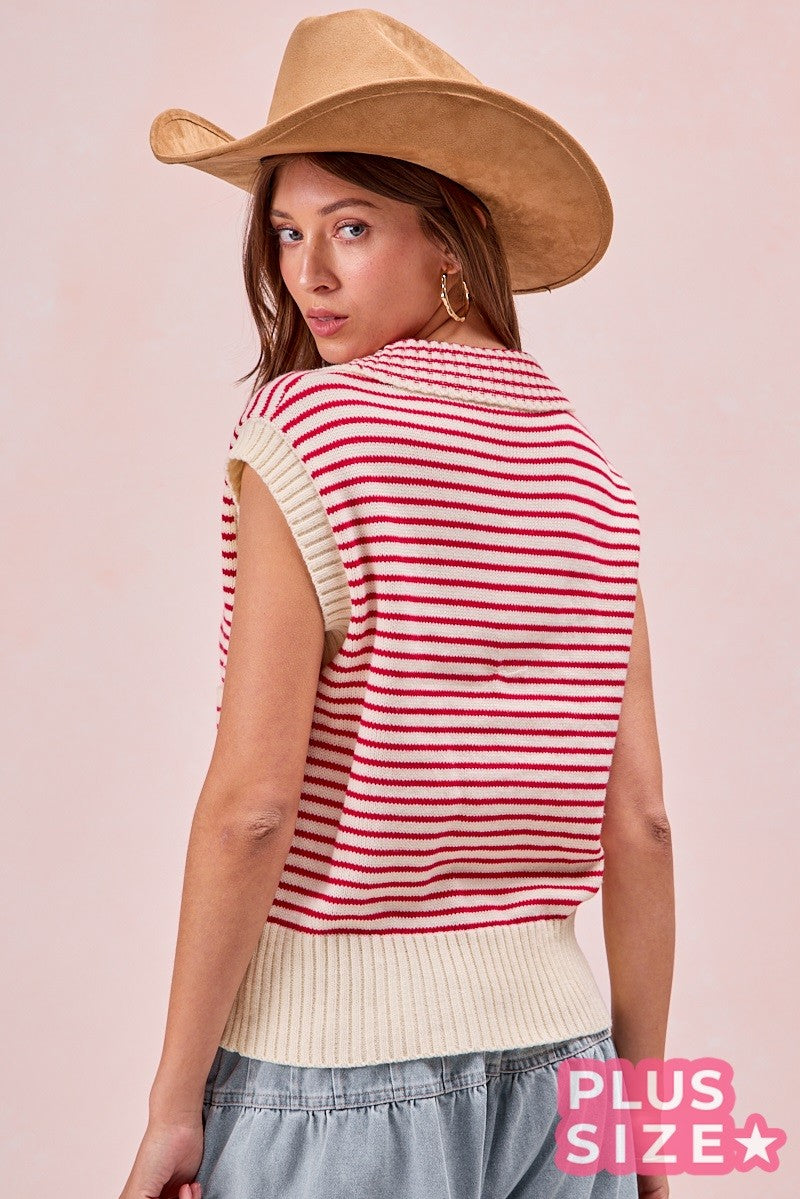 Double Pocket Stripe Strawberry Knit Top (Plus Size)
