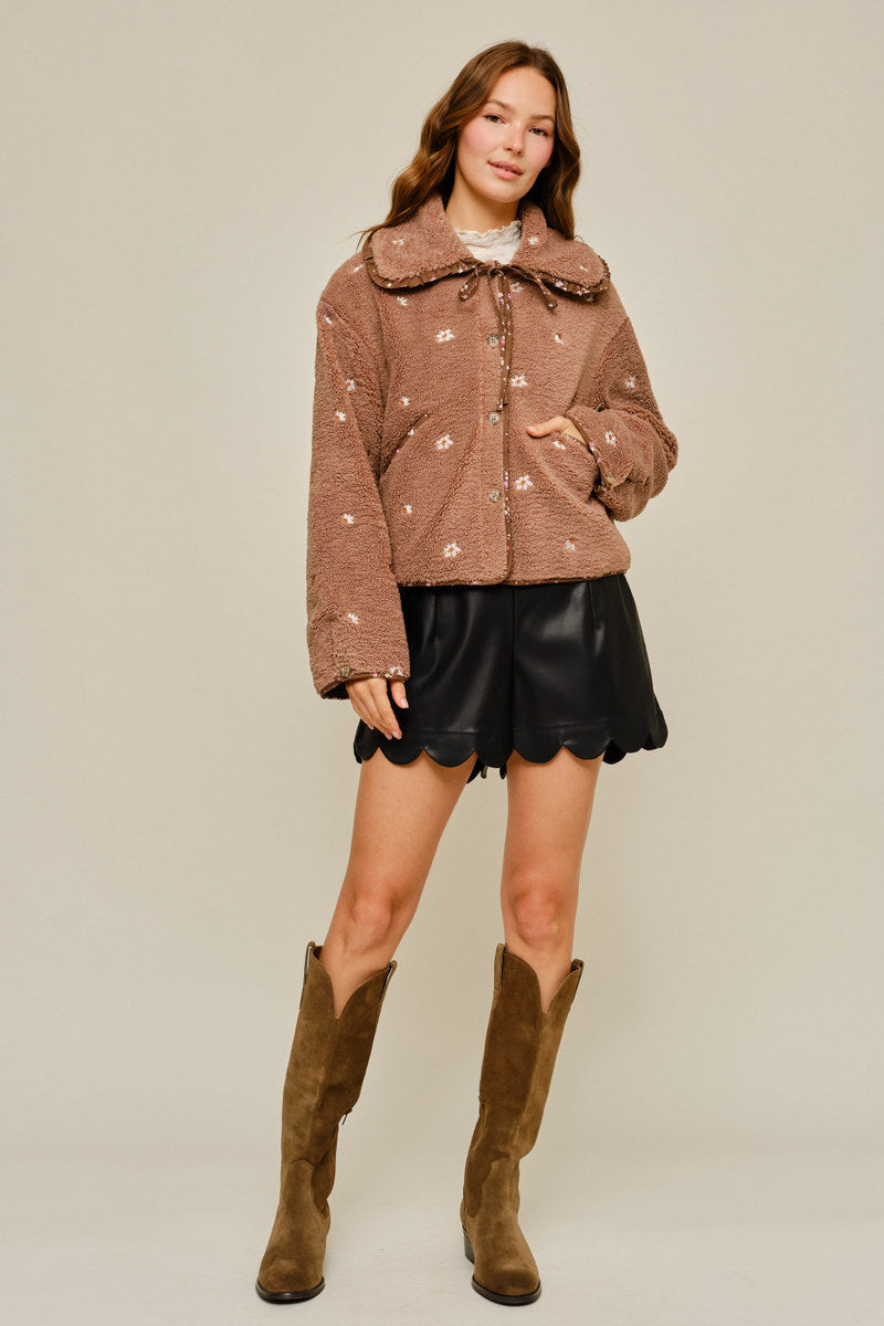 Contrast Cuff Sherpa Button Up Jacket