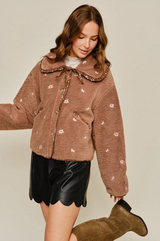 Contrast Cuff Sherpa Button Up Jacket