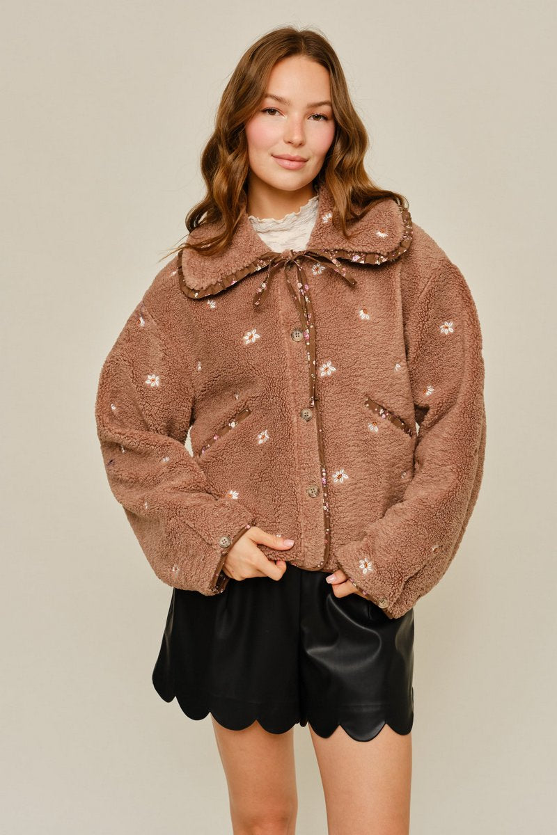 Contrast Cuff Sherpa Button Up Jacket