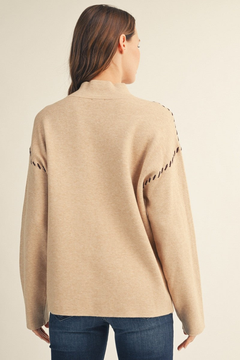 Contrast Stitch Accent Mock Neck Sweater (Oatmeal)