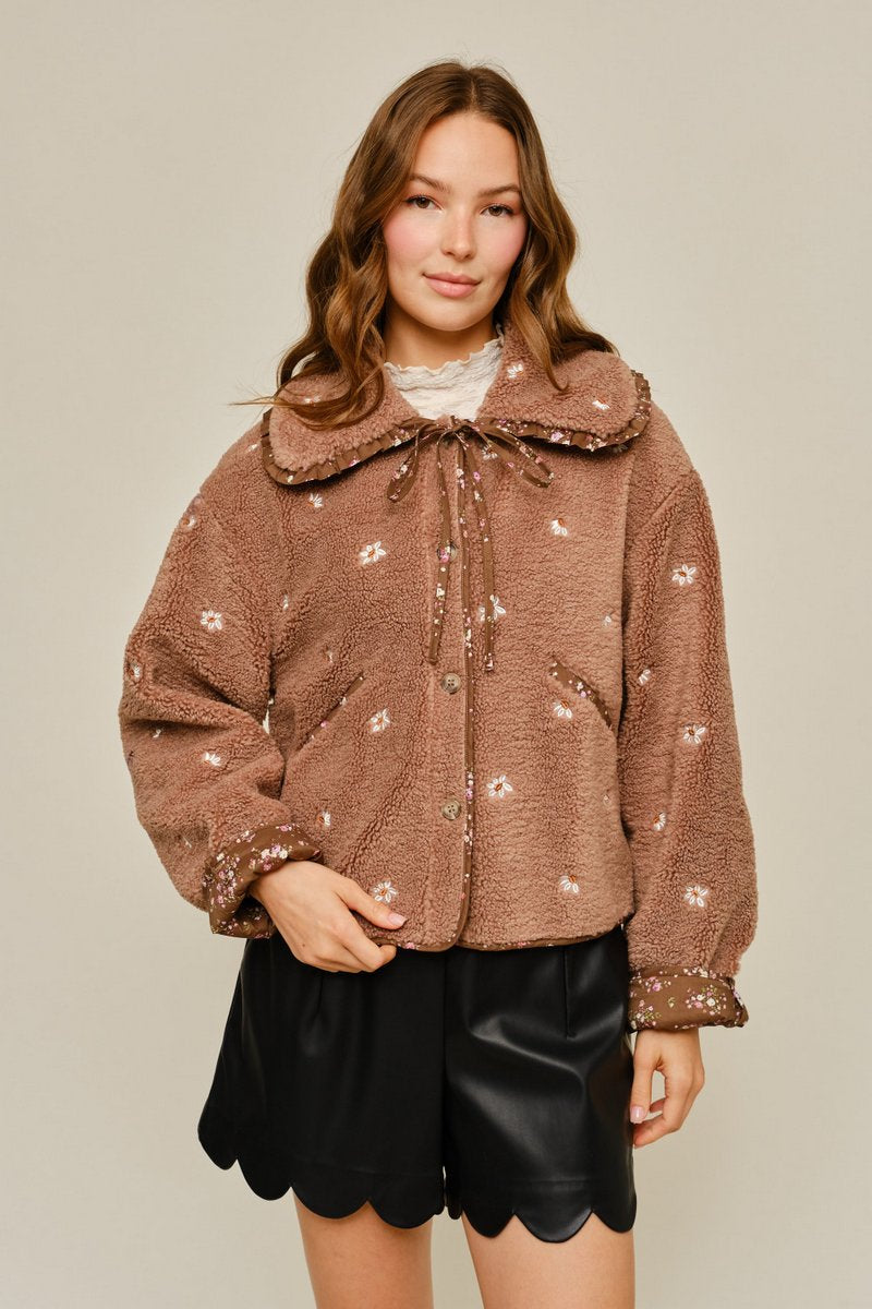 Contrast Cuff Sherpa Button Up Jacket