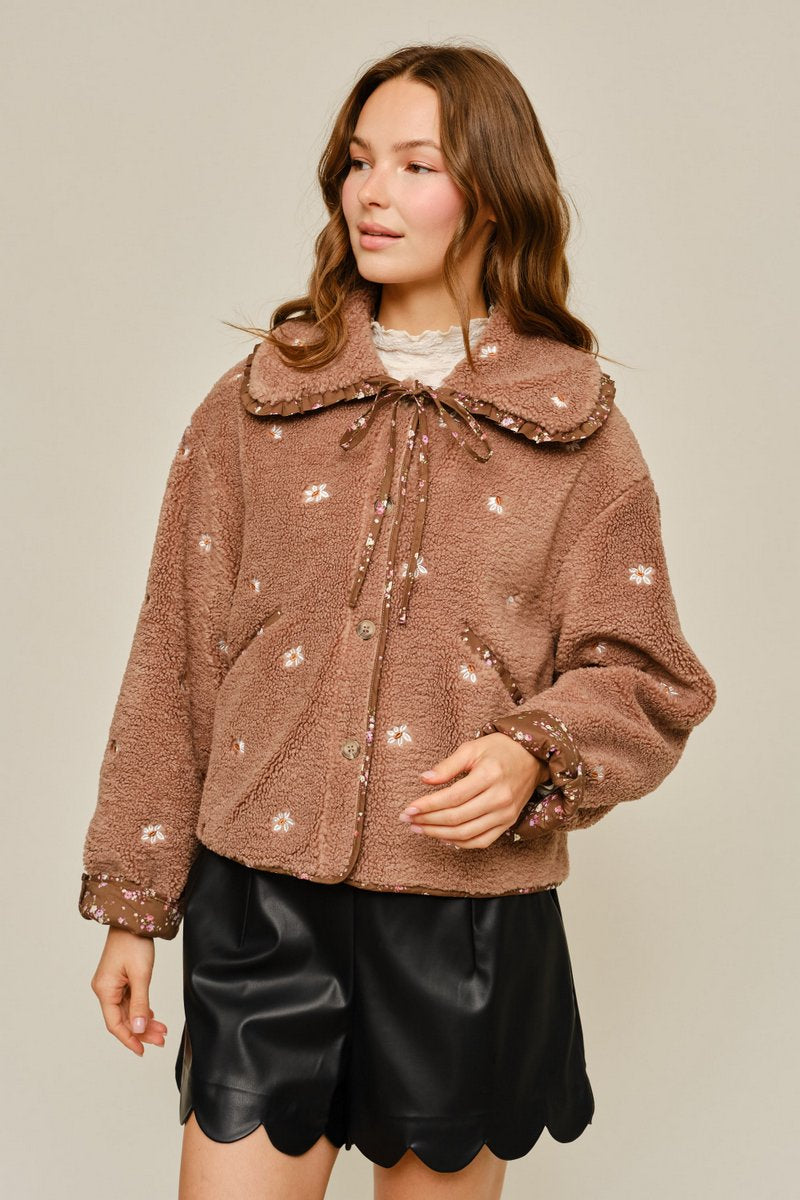 Contrast Cuff Sherpa Button Up Jacket