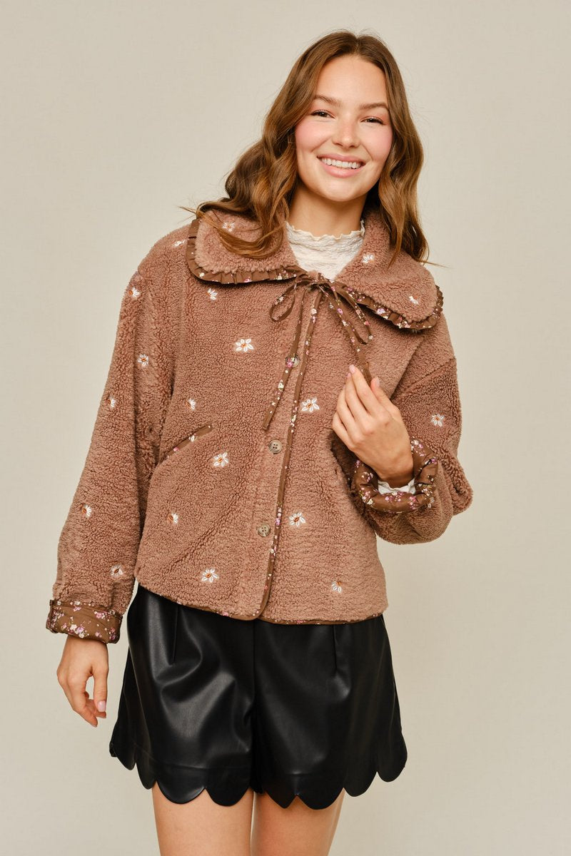 Contrast Cuff Sherpa Button Up Jacket