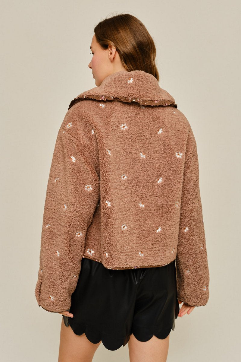Contrast Cuff Sherpa Button Up Jacket