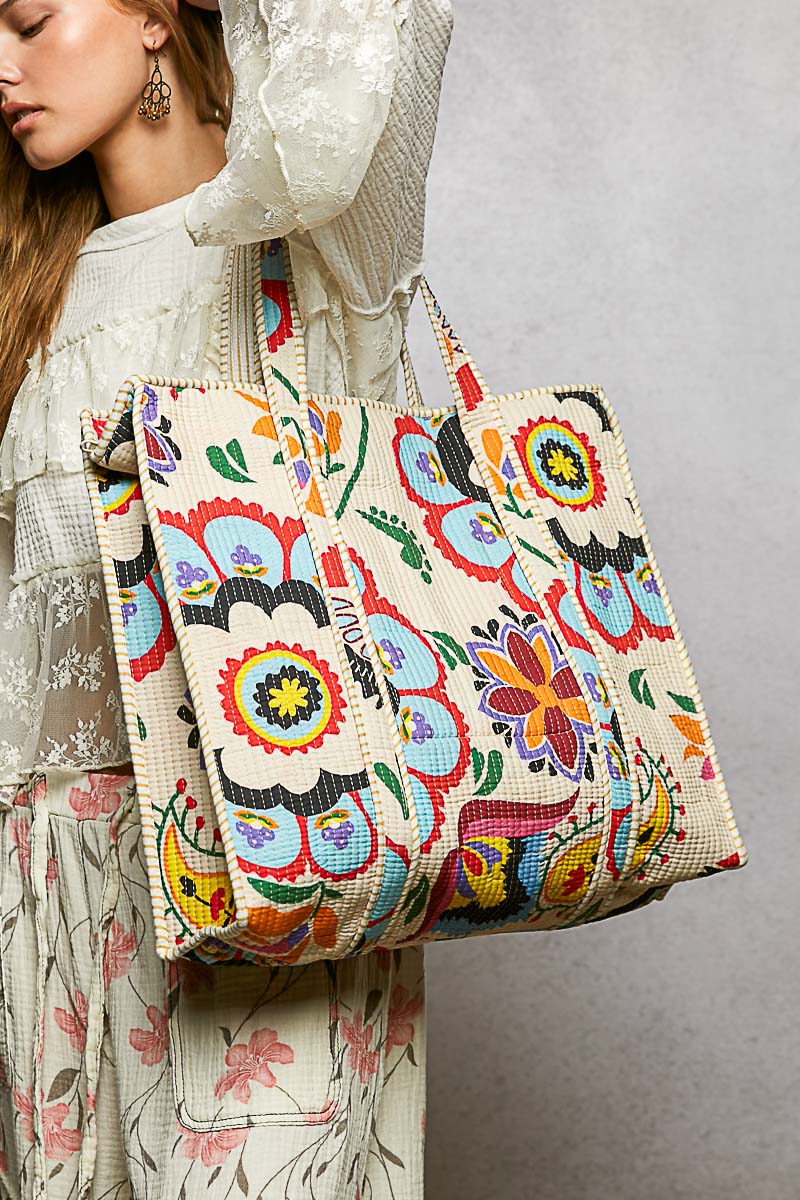 Bright Pattern Zipper Top Quilted Tote Bag