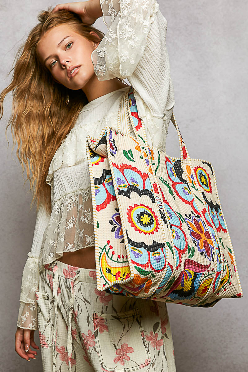 Bright Pattern Zipper Top Quilted Tote Bag