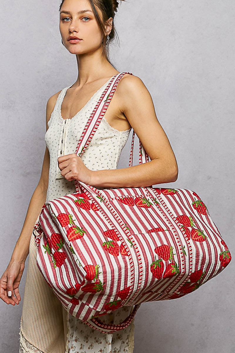 Strawberries & Stripes Quilted Duffle Bag