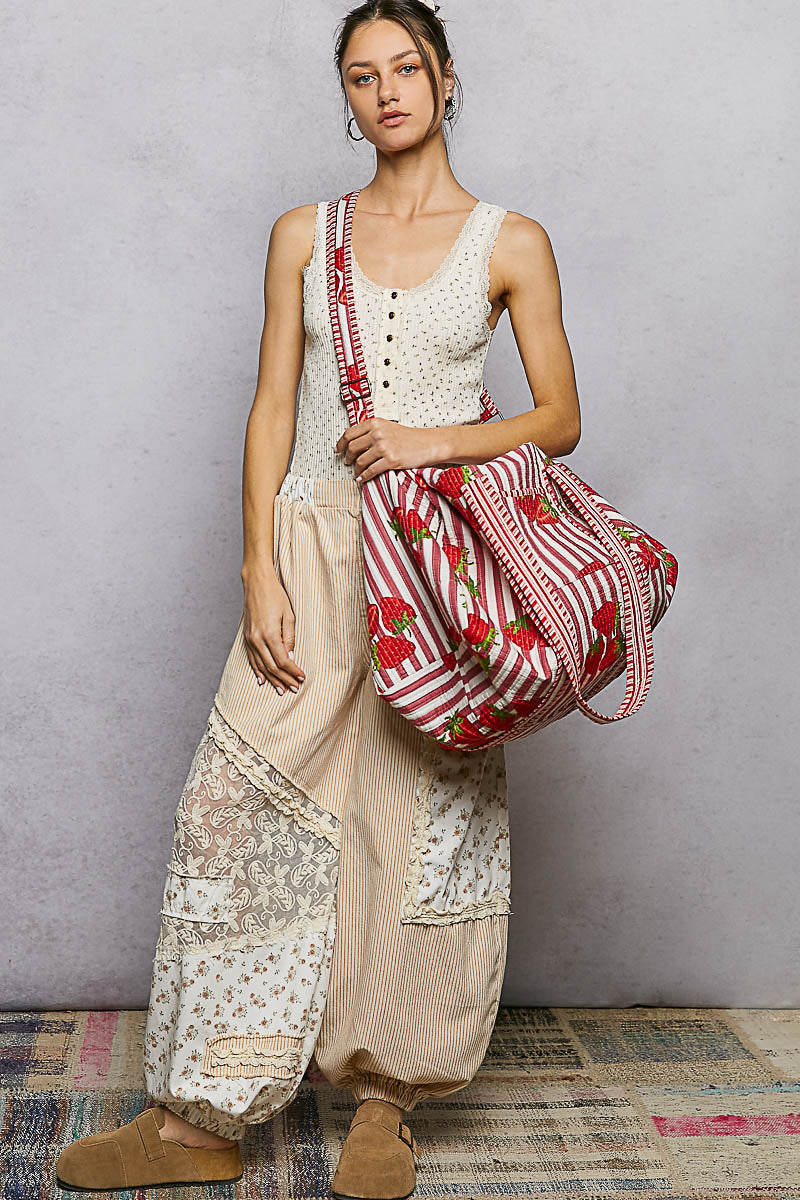 Strawberries & Stripes Quilted Duffle Bag