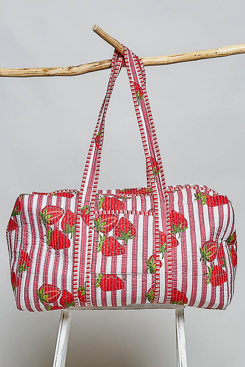 Strawberries & Stripes Quilted Duffle Bag