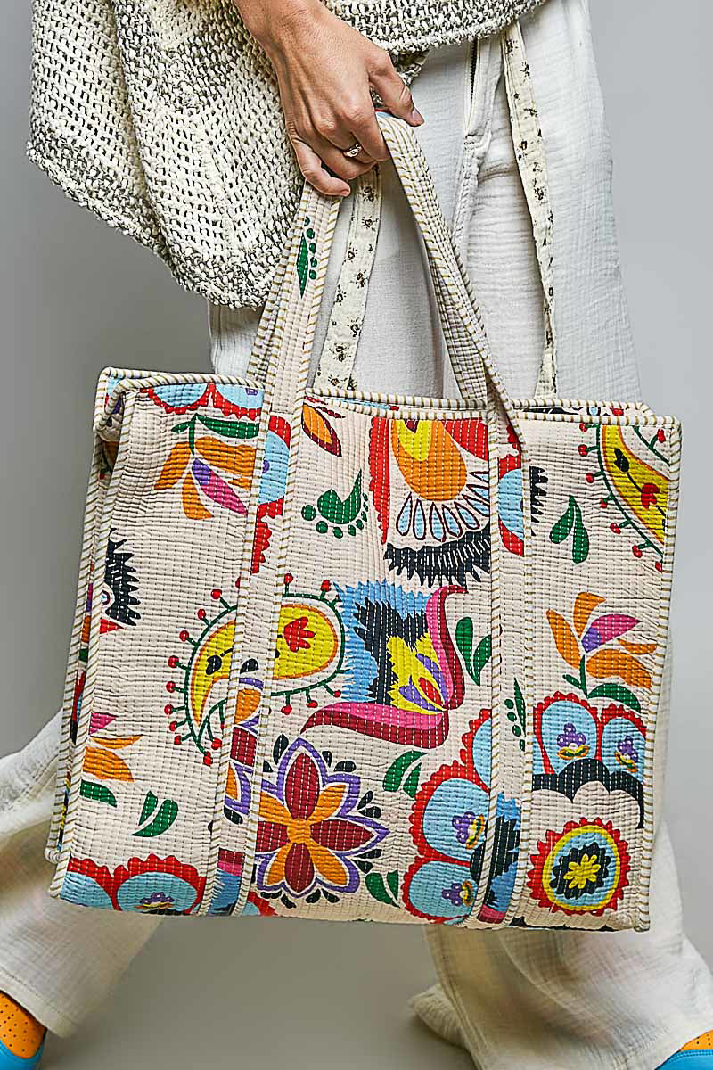 Bright Pattern Zipper Top Quilted Tote Bag