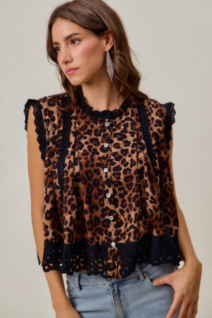 Floral Eyelet Trim Sleeveless Leopard Print Blouse