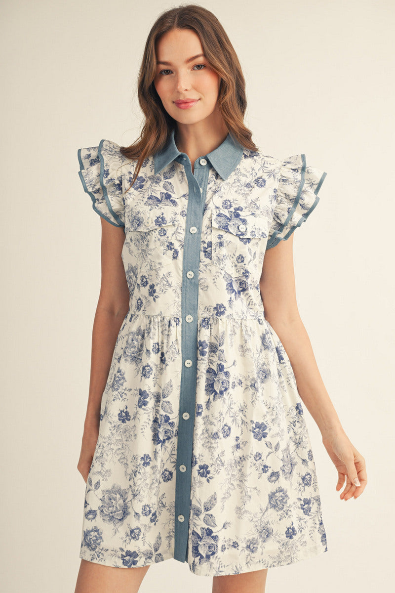 Denim Trim Blue Floral Print Summer Dress