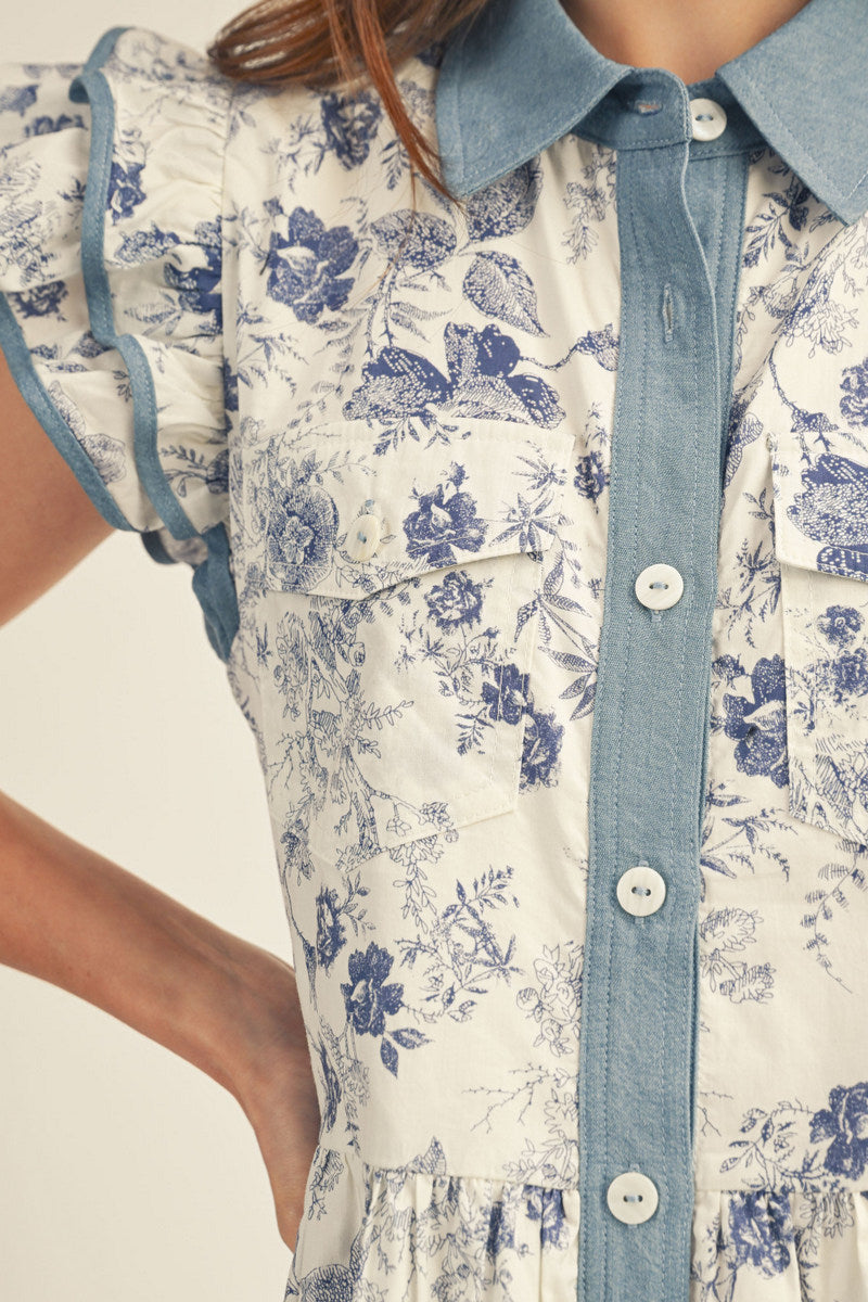 Denim Trim Blue Floral Print Summer Dress