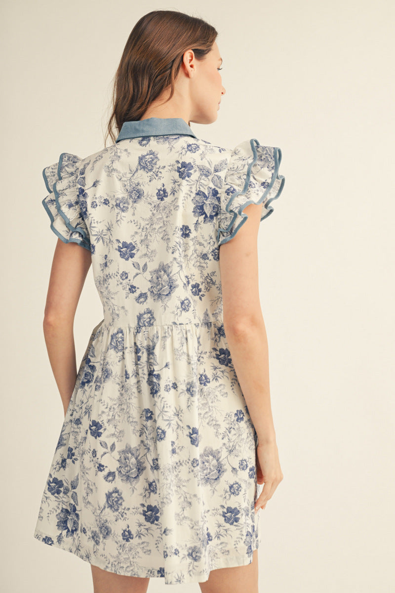 Denim Trim Blue Floral Print Summer Dress