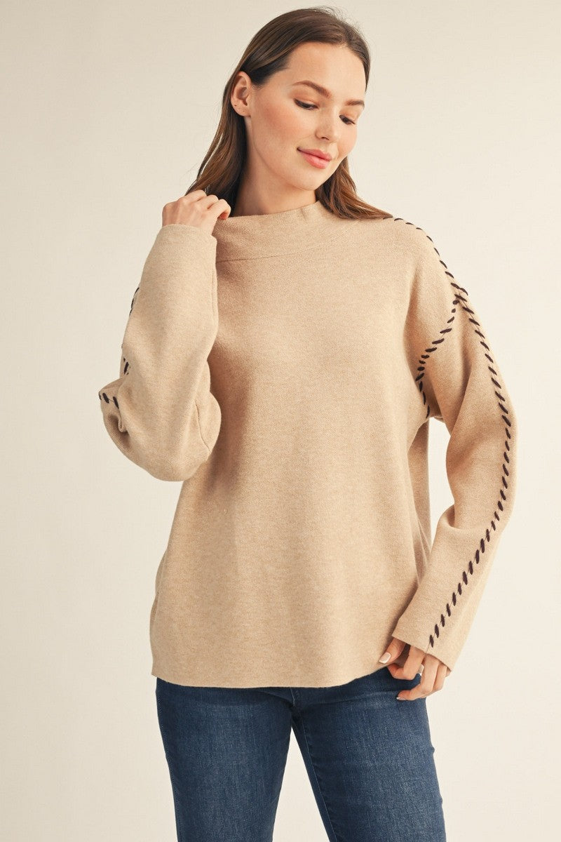 Contrast Stitch Accent Mock Neck Sweater (Oatmeal)