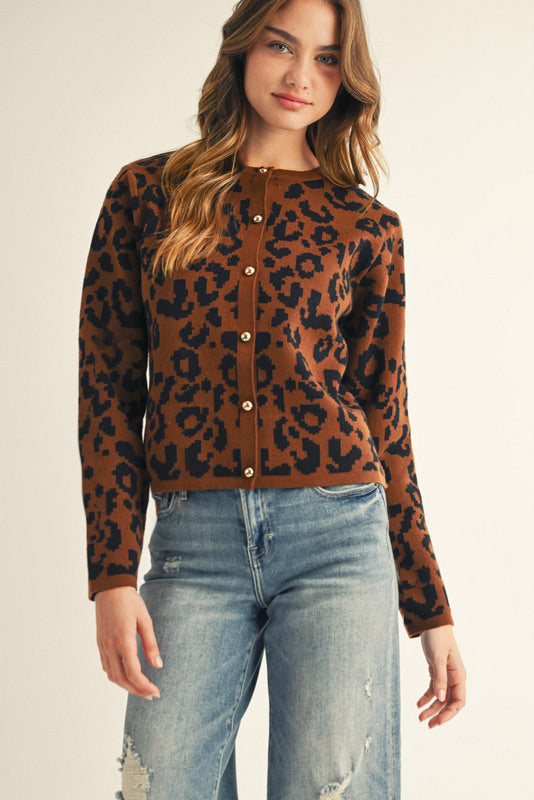 Abstract Print Gold Button Cardigan