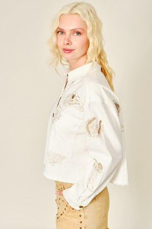 Western Print Cropped Denim Jacket